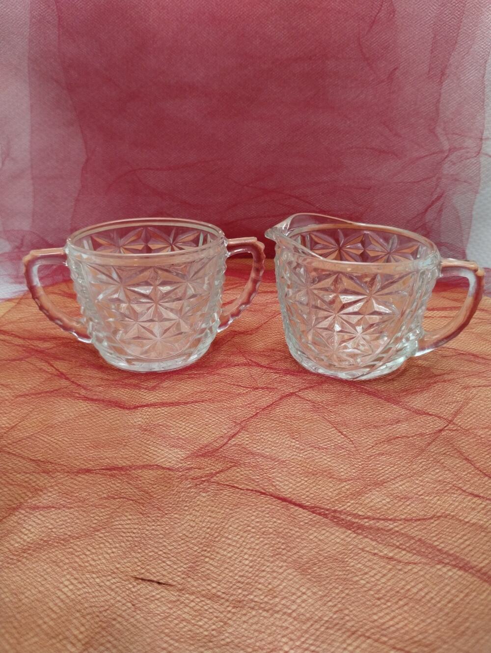 Vintage Anchor Hocking Stars and Bars Clear Glass Creamer & Sugar Bowl Set MCM